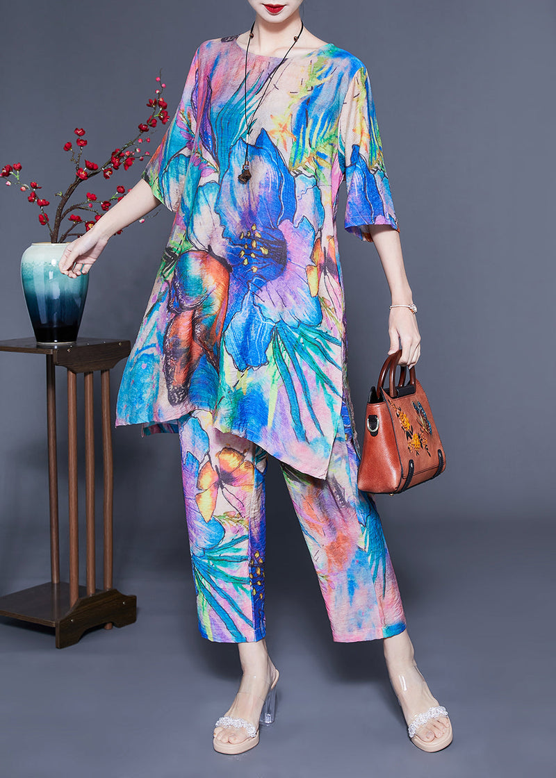 Simple Blue Oversized Tie Dye Side Open Linen Two Pieces Set Summer