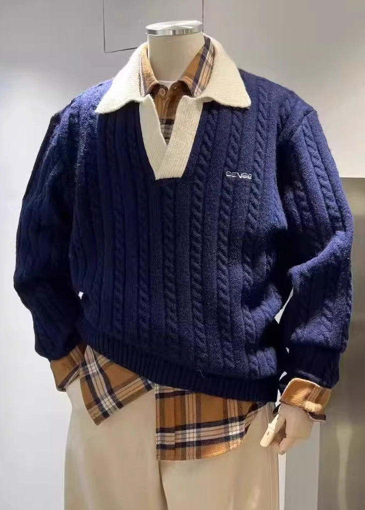Simple Blue Peter Pan Collar Patchwork Cable Knit Sweaters Spring