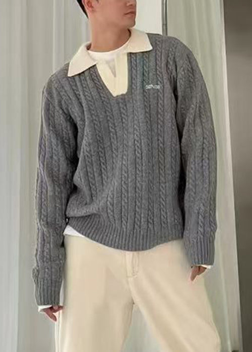 Simple Blue Peter Pan Collar Patchwork Cable Knit Sweaters Spring