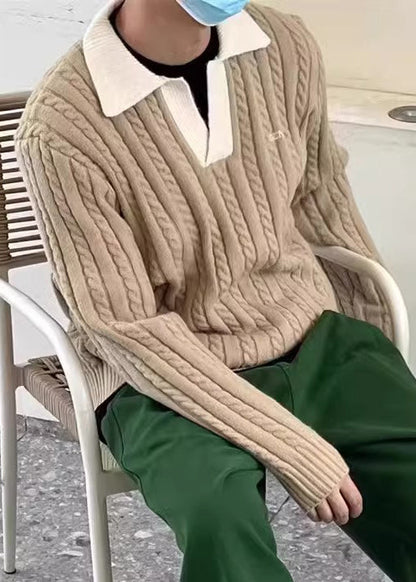 Simple Blue Peter Pan Collar Patchwork Cable Knit Sweaters Spring