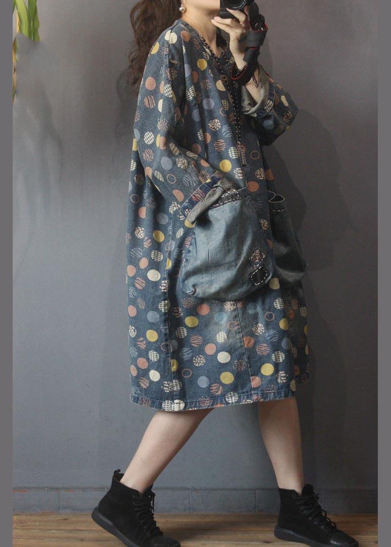 Simple Blue Print Pockets Denim Long Summer Cotton Dress