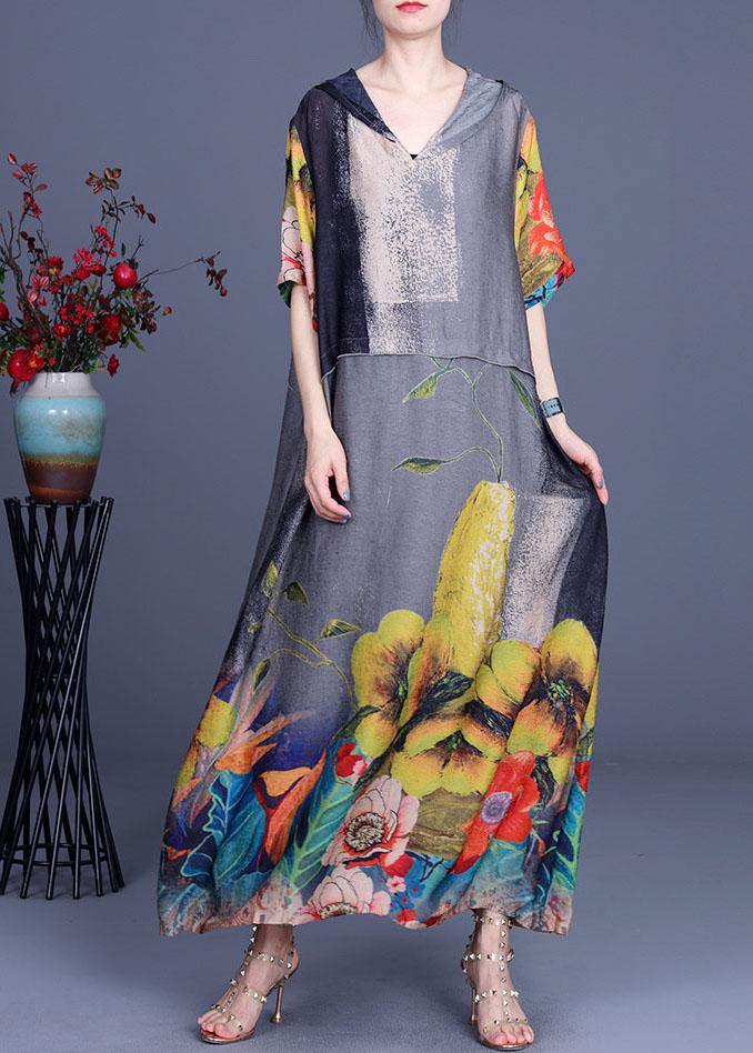 Simple Blue Print Hooded Patchwork Silk Ankle Dress Summer