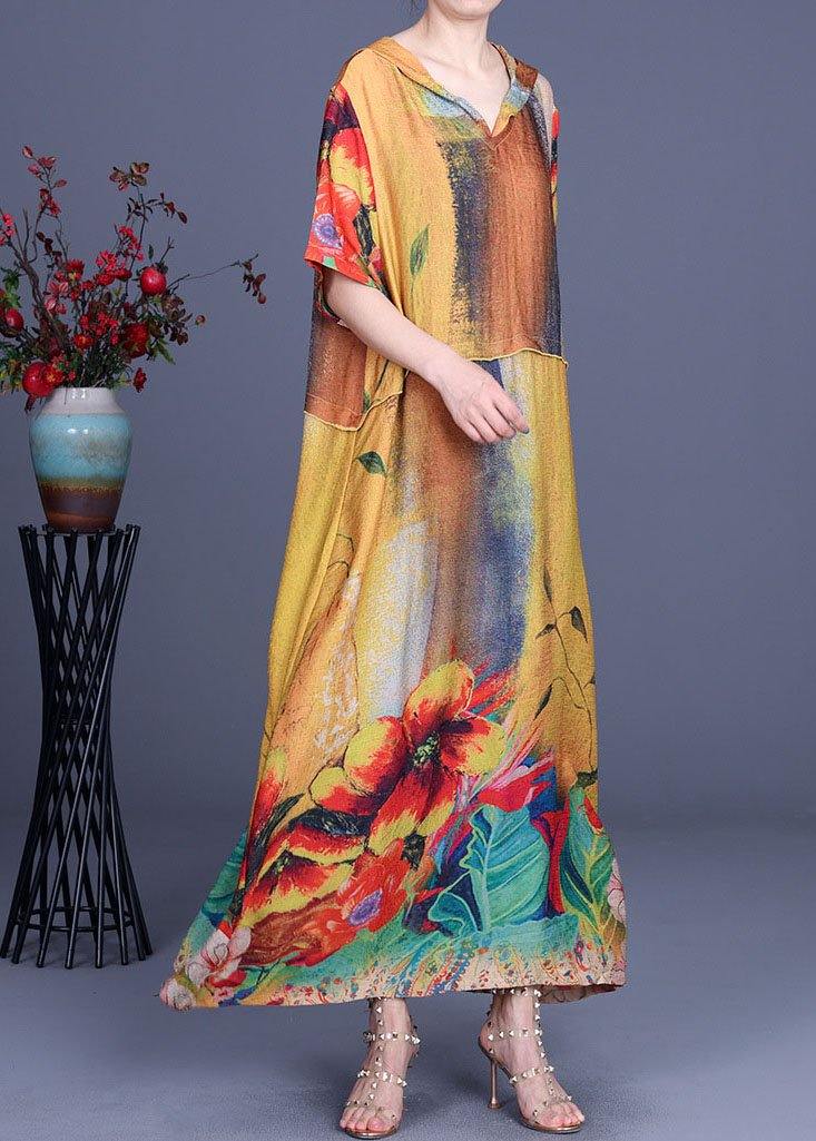 Simple Blue Print Hooded Patchwork Silk Ankle Dress Summer