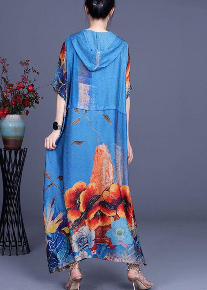 Simple Blue Print Hooded Patchwork Silk Ankle Dress Summer