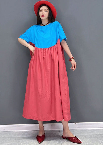 Simple Blue Red Oversized Patchwork Cotton a Line Dress Short Sleeve