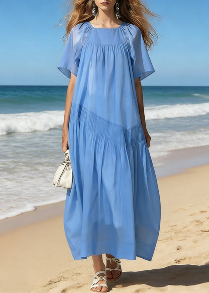 Simple Blue Square Collar Wrinkled Cotton Long Dresses Summer