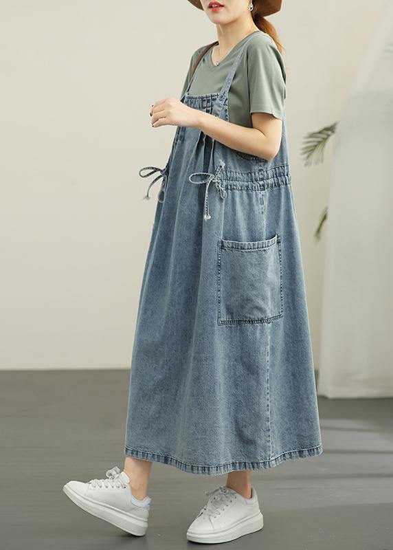 Simple Blue Summer Tie Waist Cotton Spaghetti Strap Dress