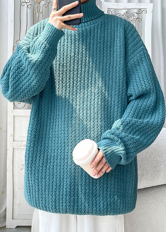 Simple Blue Turtleneck Cozy Knit Sweater Winter