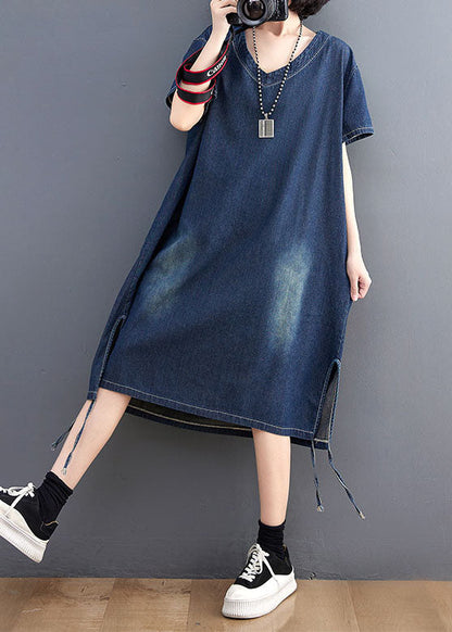 Simple Blue V Neck Patchwork Side Open Denim Dress Summer
