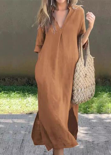 Simple Blue V Neck Side Open Linen Long Dress Summer