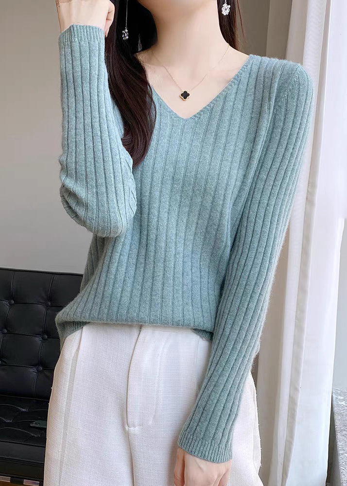 Simple Blue V Neck Knit Sweaters Fall