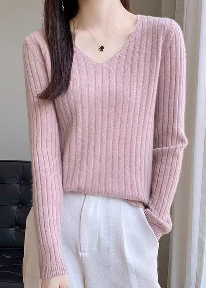 Simple Blue V Neck Knit Sweaters Fall