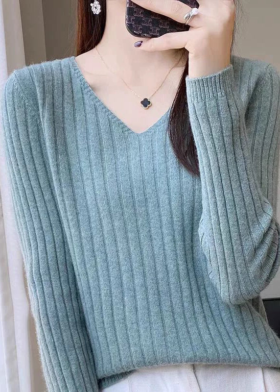 Simple Blue V Neck Knit Sweaters Fall