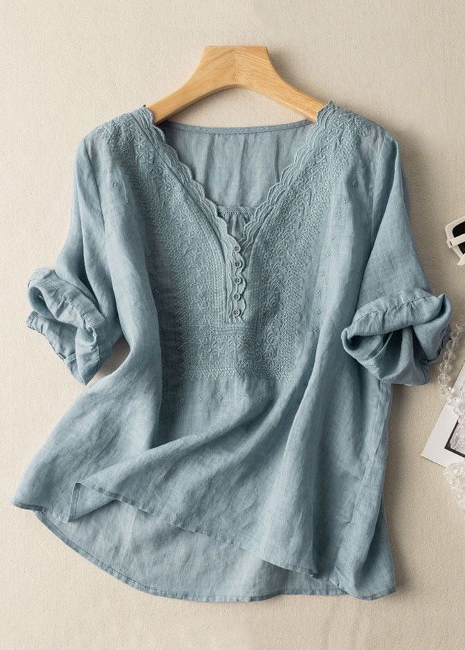 Simple Blue V Neck Linen Shirts Half Sleeve