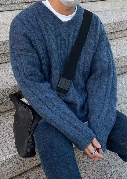 Simple Blue V Neck Thick Cable Cozy Knit Sweaters Spring