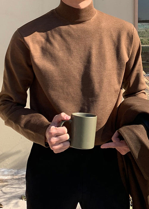 Simple Brown Turtleneck Knit Sweaters Winter