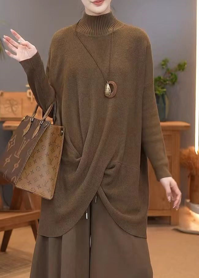 Simple Brown Turtleneck Knit Sweater Winter