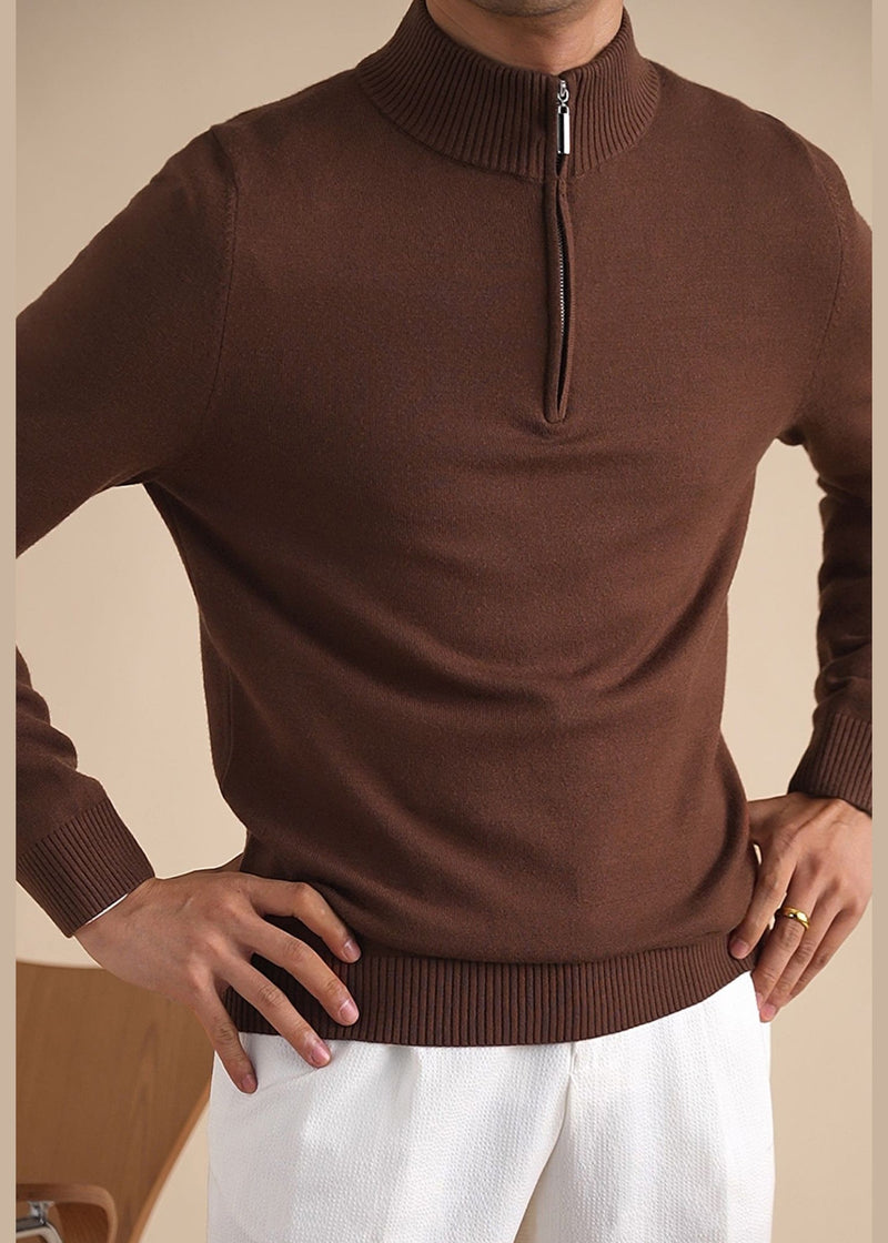 Simple Brown Zip Up Cozy Knit Sweaters Clothing