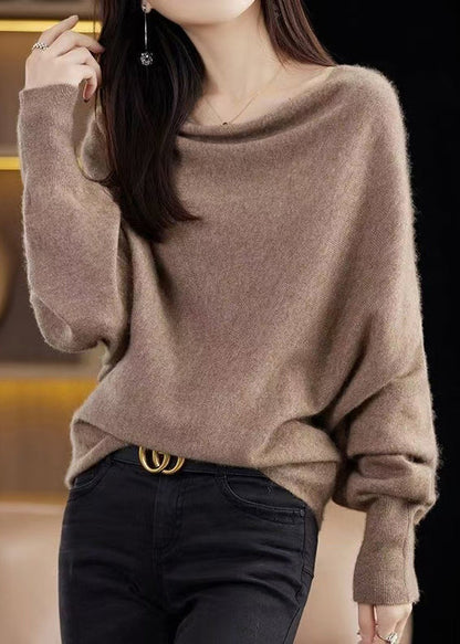 Simple Camel Cozy Cashmere Knit Sweater Batwing Sleeve
