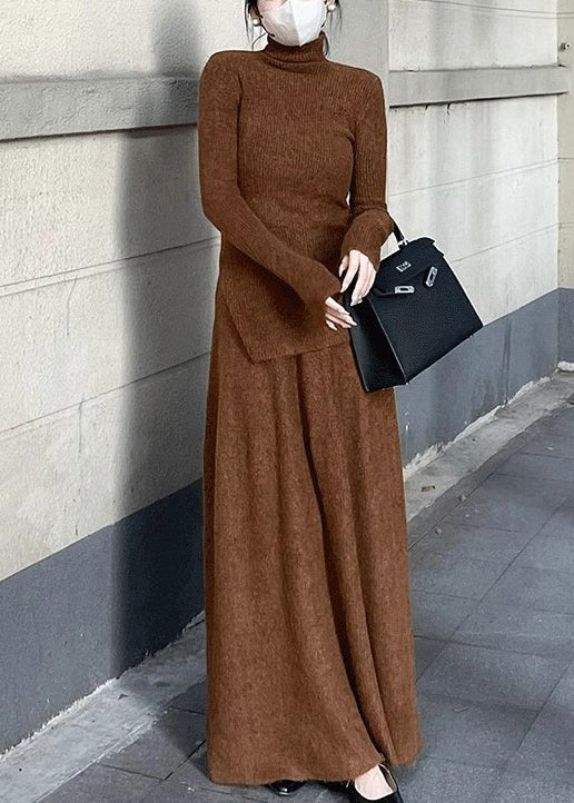 Simple Caramel Turtleneck Side Open Knit Two Pieces Set Spring