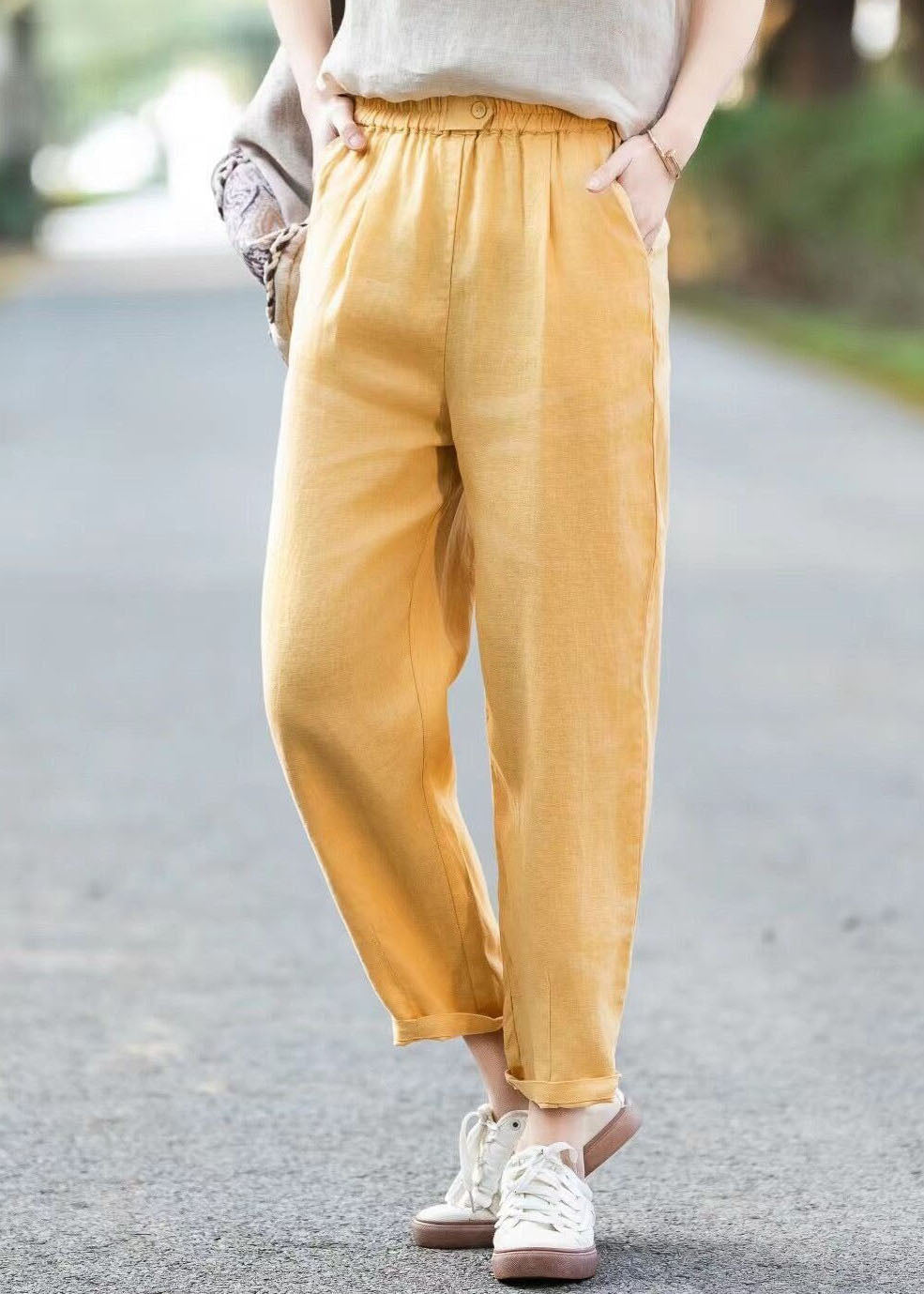 Simple Blue Pockets Elastic Waist Linen Pants Summer