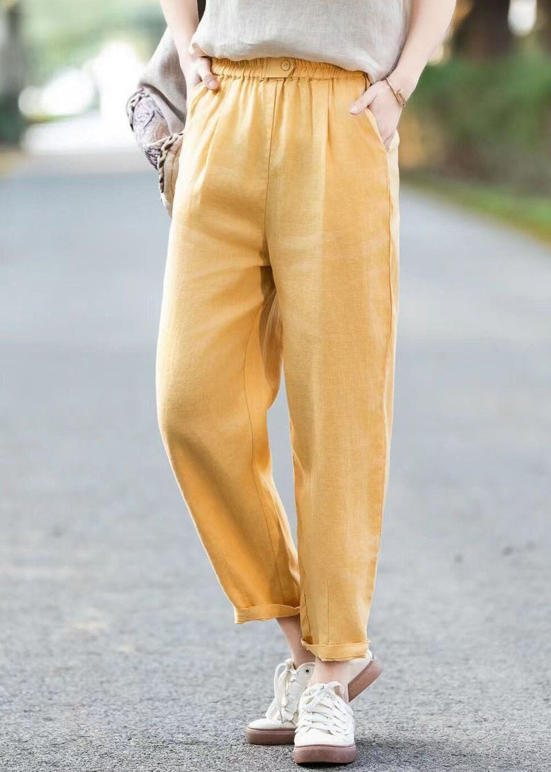 Simple Blue Pockets Elastic Waist Linen Pants Summer