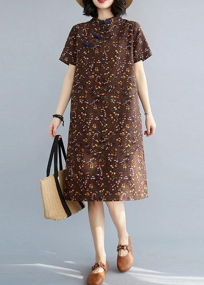 Simple Chocolate Print Oriental Maxi Summer Cotton Dress
