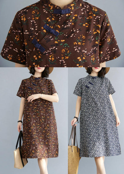 Simple Chocolate Print Oriental Maxi Summer Cotton Dress