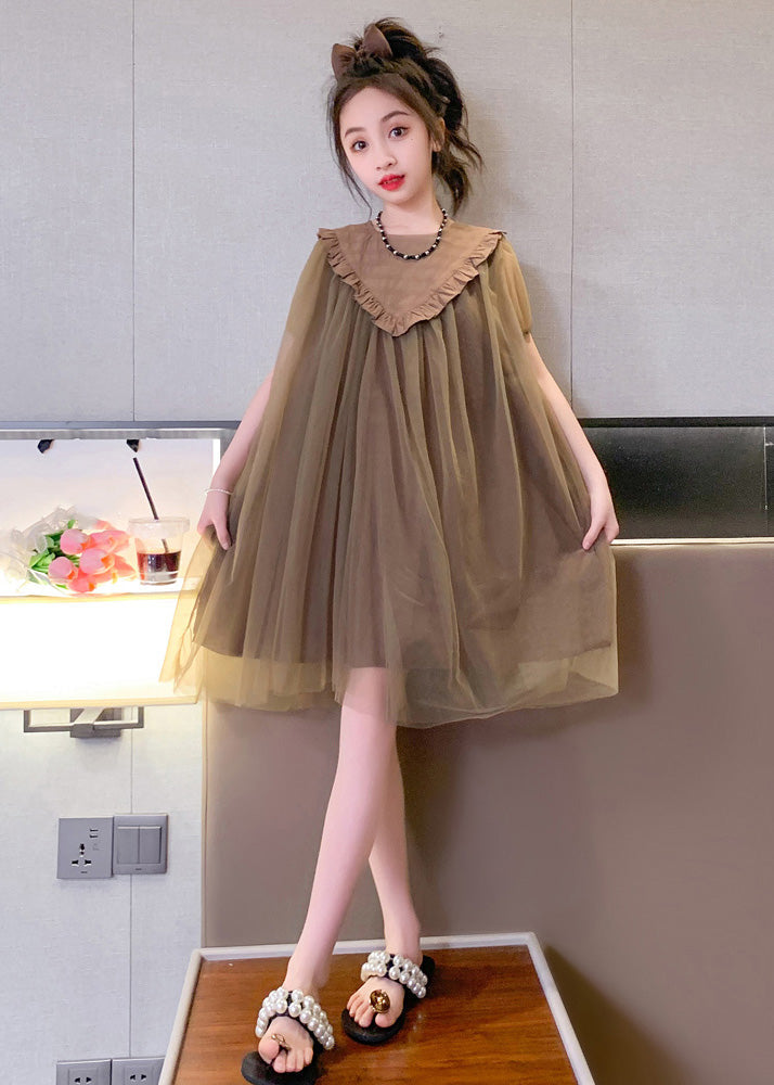 Simple Coffee O-neck Patchwork Layered Tulle Kids Maxi Dresses Short Sleeve