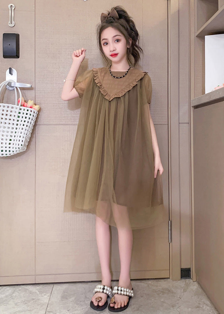 Simple Coffee O-neck Patchwork Layered Tulle Kids Maxi Dresses Short Sleeve