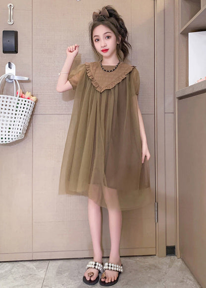 Simple Coffee O-neck Patchwork Layered Tulle Kids Maxi Dresses Short Sleeve