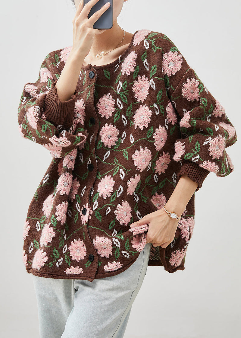 Simple Coffee Oversized Jacquard Knit Cardigan Winter