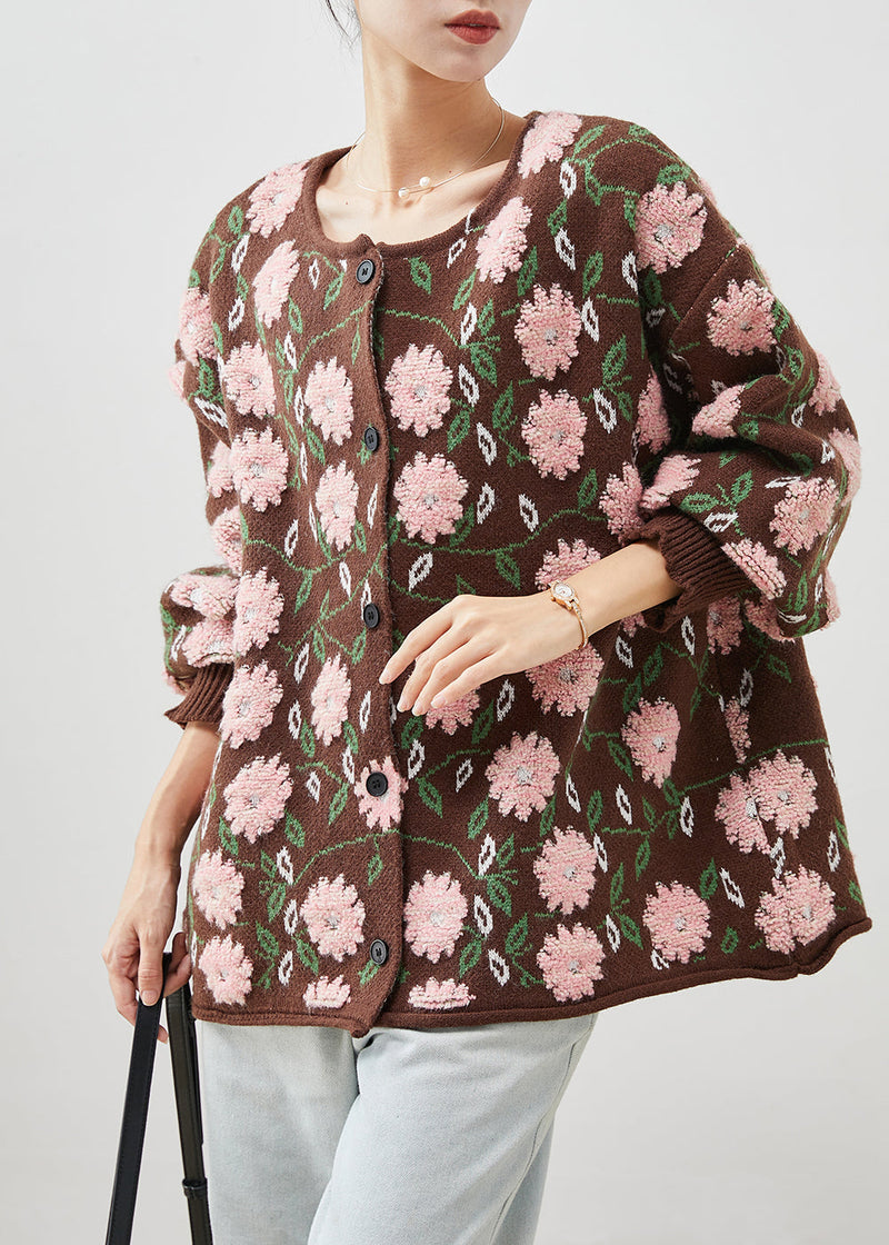 Simple Coffee Oversized Jacquard Knit Cardigan Winter