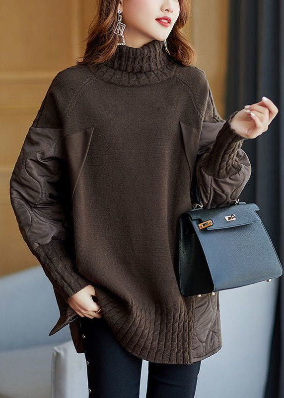 Simple Chocolate Turtleneck Patchwork Loose Fall Knit Sweaters