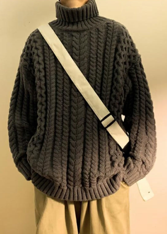 Simple Dark Gray Cozy Cotton Cable Knit Sweaters Turtleneck Winter