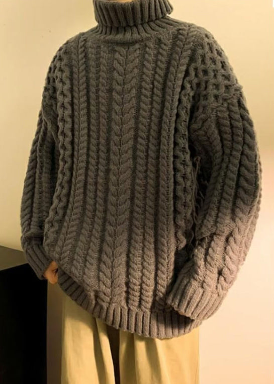 Simple Dark Gray Cozy Cotton Cable Knit Sweaters Turtleneck Winter