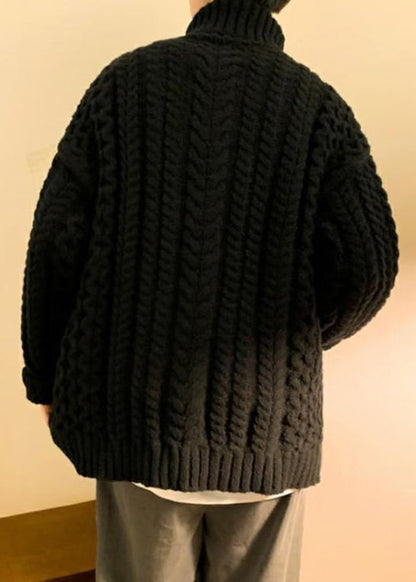 Simple Dark Gray Cozy Cotton Cable Knit Sweaters Turtleneck Winter