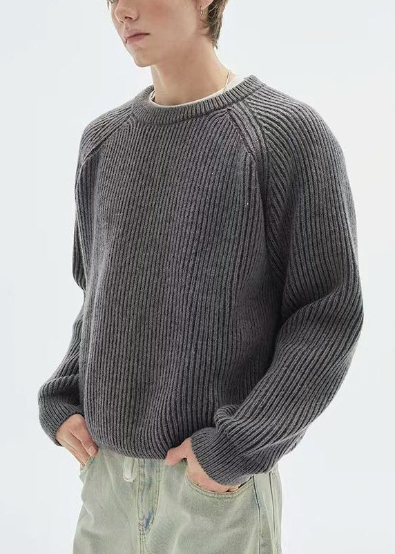 Simple Dark Gray O Neck Knit Sweaters Spring