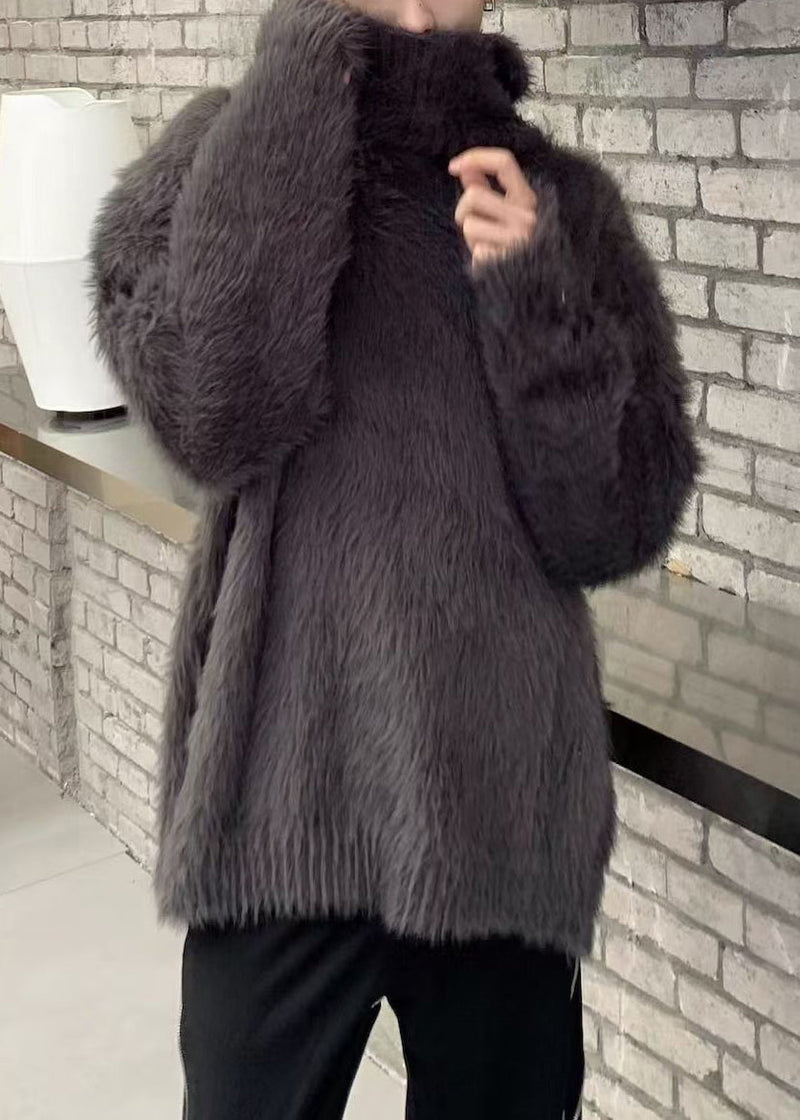Simple Dark Gray Mink Hair Knitted Sweaters Turtleneck Winter