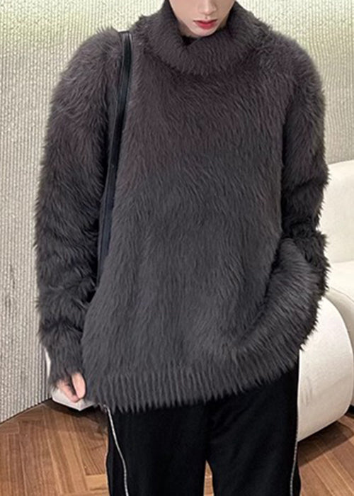 Simple Dark Gray Mink Hair Knitted Sweaters Turtleneck Winter