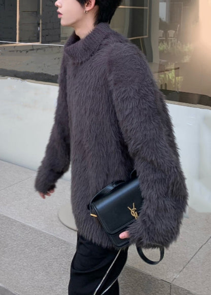 Simple Dark Gray Mink Hair Knitted Sweaters Turtleneck Winter