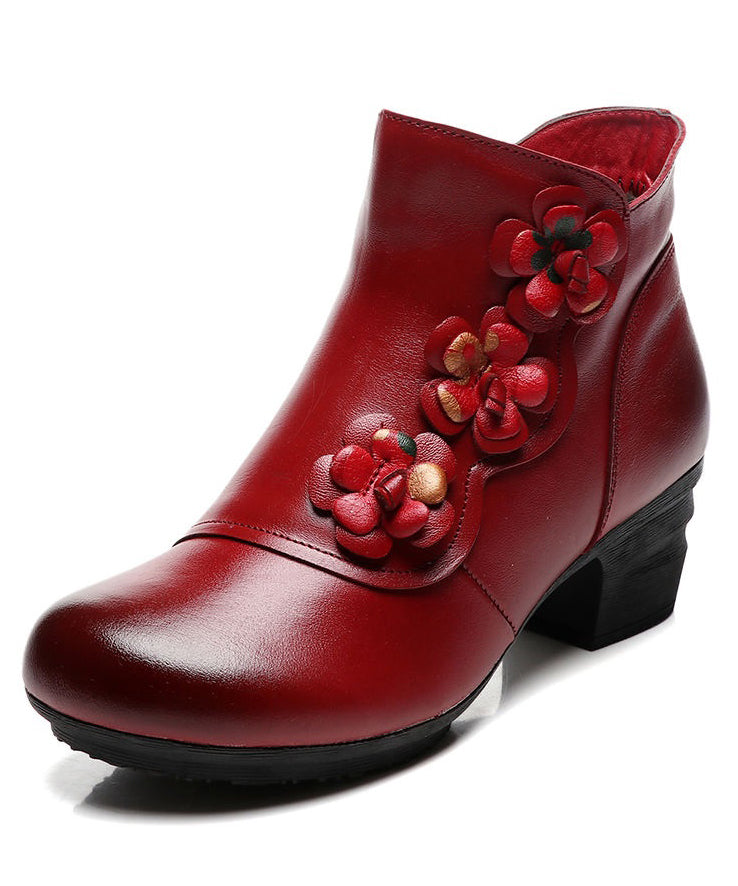 Simple Splicing Cowhide Leather Boots Red Chunky Heel