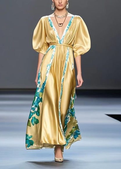Simple Golden V Neck Print Silk Cinched Dresses Summer