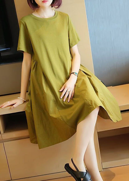 Simple Grass Green O-neck Patchwork Exra Large Hem Cotton Dress Summer