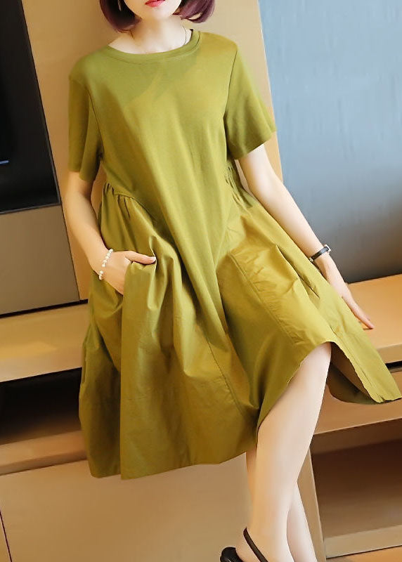 Simple Grass Green O-neck Patchwork Exra Large Hem Cotton Dress Summer