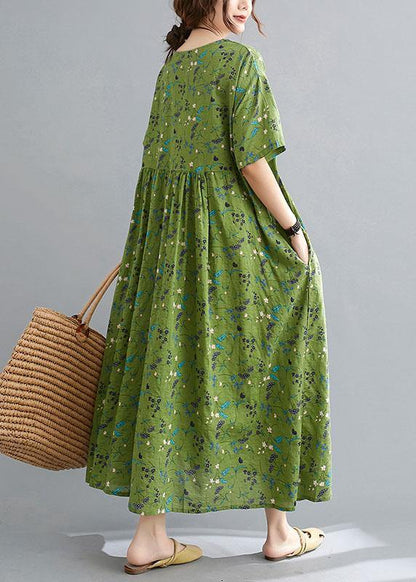 Simple Green Circle O-neck Print Summer Loose Maxi Dresses Half Sleeve
