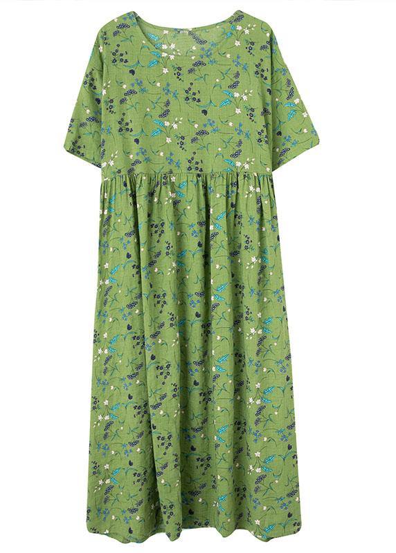 Simple Green Circle O-neck Print Summer Loose Maxi Dresses Half Sleeve