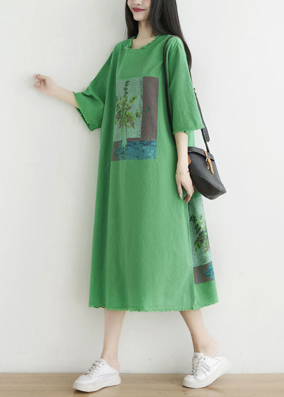 Simple Green O-neck Oversized Print Cotton Dress Half Sleeve