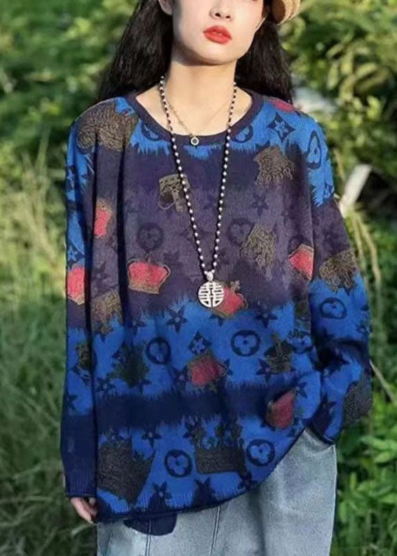 Simple Green O-neck Oversized Print Knit Short Sweater Spring