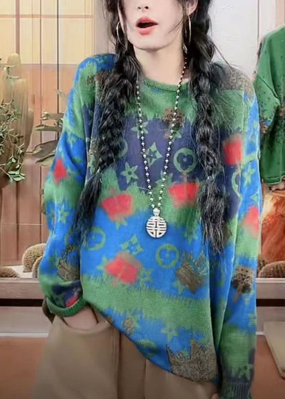 Simple Green O-neck Oversized Print Knit Short Sweater Spring